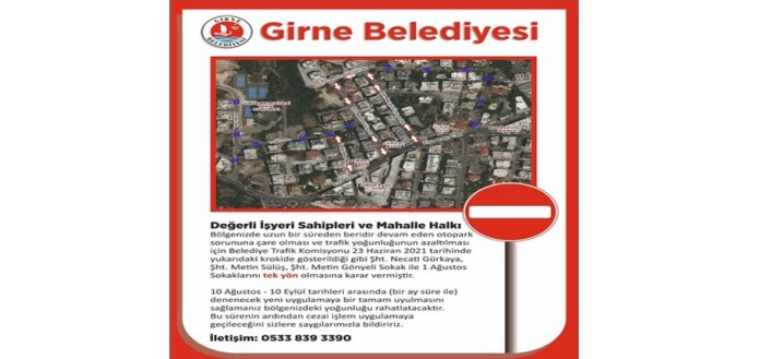 Girne’de bazı sokaklarda tek yön uygulamasına pazartesi başlanıyor