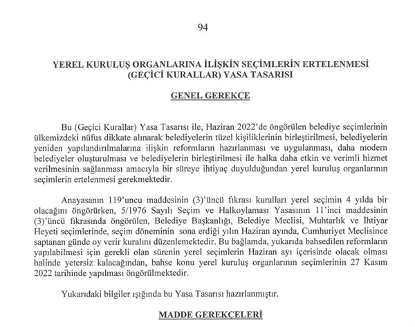 Yerel Kuruluş Organlarına İlişkin Seçimlerin Ertelenmesi (Geçici Kurallar) Yasa Tasarısı Halkın bilgisine sunuldu