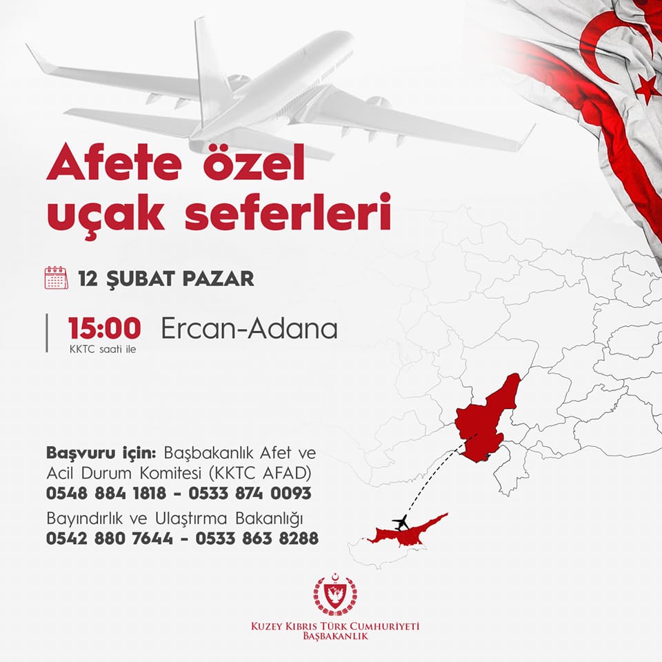 Ercan’dan Adana’ya yarın afete özel uçak seferi