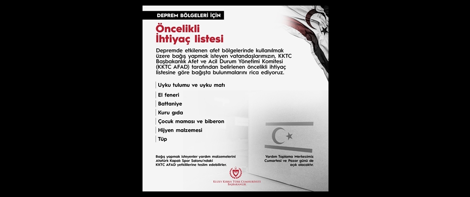 Başbakanlık deprem bölgeleri için öncelikli ihtiyaç listesi açıkladı