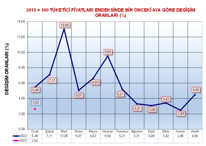 Ocak ayı enflasyonu yüzde 2.62, yıllık enflasyon yüzde 89.23